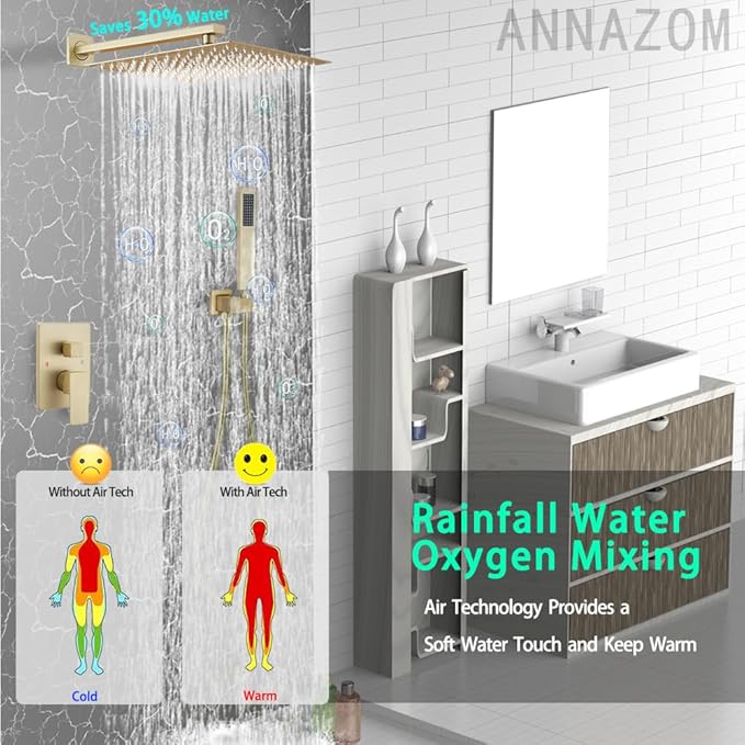 annazom Rain Shower System 12 Inch Ultra Large Shower Head High Pressure Brushed Gold Surface Dual Function Shower Vavle Trim Kit