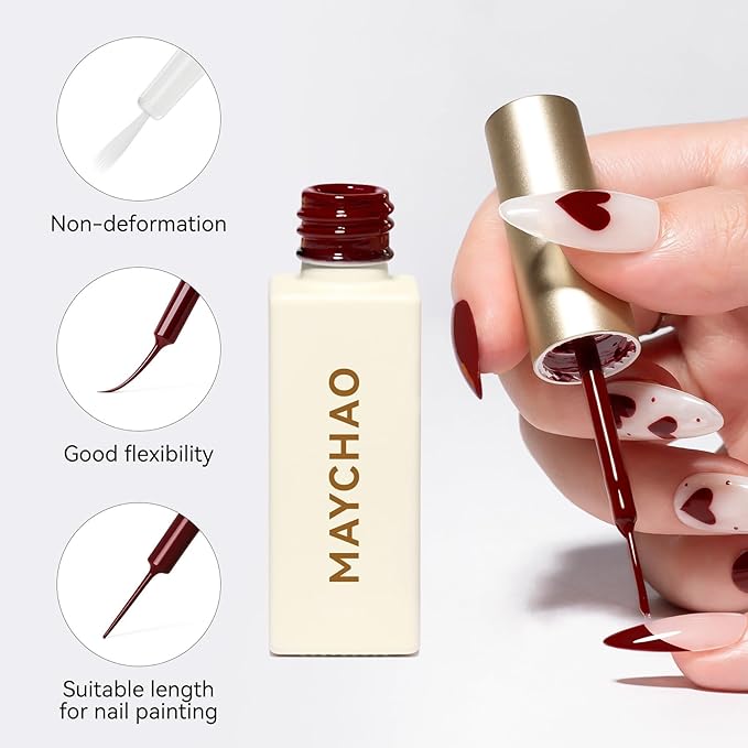 MAYCHAO Burgundy Swirl Gel Liner Nail Art Polish, 8ml Classic Burgundy Red Gel Color Built-in Thin Brush, UV Light Cure for French Nail Tips DIY Manicure at Home Salon