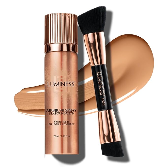 LUMINESS Face Time All In One Makeup Kit - Includes Face Palette, Airbrush Foundation, and Makeup Brush - Long-Wearing, Silky, Soft, Easy to Blend, 3-PC Make Up Set (06 - Light Warm)