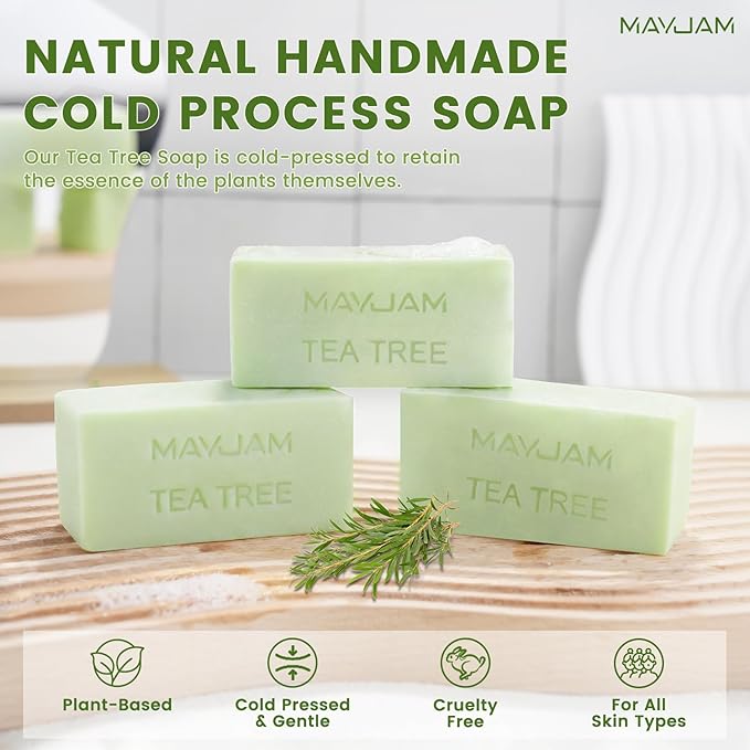 MAYJAM Tea Tree Oil Soap Bar, Natural Botanical Tea Tree Bar Soap with Vitamin E, Pure Plant Oil Bath Soap for Body Face Fights Acne, Tinea, Ringworm, Skin Itch Irritation and Prevents Breakouts