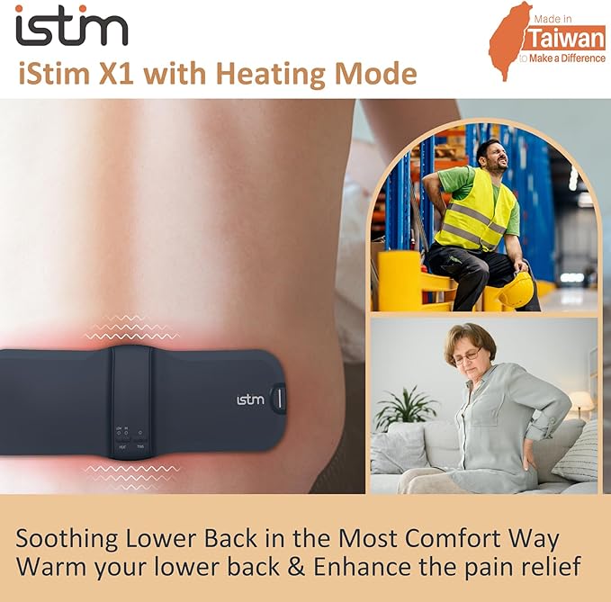 iStim X1 Wireless Heat TENS Unit Muscle Stimulator for Back Pain Relief - Rechargeable Massager with Remote Control,15 Intensity and Japanese Gel Pads