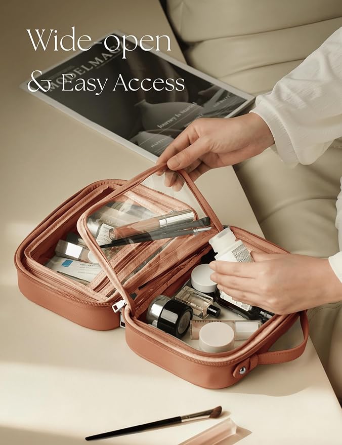 Oaque Clear Cosmetic Bag Double Layer Travel Toiletry Bag Clear Makeup Bag Case with 4 Compartments, Transparent Travel Bag for Toiletries, Large Toiletry Bag for Women Cosmetic Case (Brown, Small)