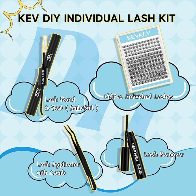 KevKev Lash Clusters Kit Eyelash Clusters Kit 144pcs Cluster Eyelash Extensions Kit DIY Lash Extension Kit Wispy Lash Clusters with Lash Bond and Seal Lash Applicator Lash Remover(Ice, D-8-18mix)