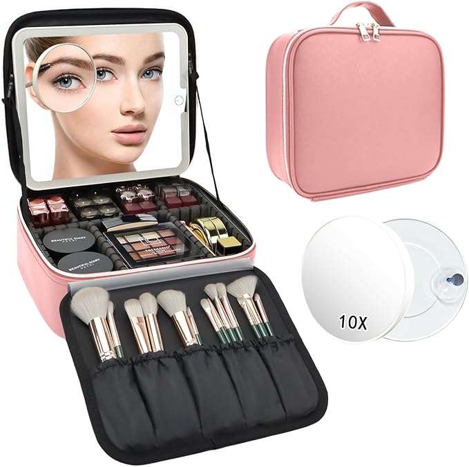 SLUMAZI Travel Makeup Bag with LED Mirror and 10x magnifying glass with 3 Lighted Settings, Adjustable Dividers and Makeup Brush Storage Bag Pink