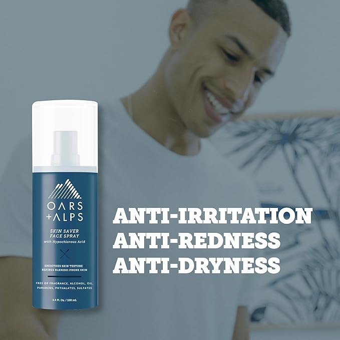 Oars + Alps Skin Saver Facial Spray for Sensitive Skin, Face Spray with Hypochlorous Acid for Breakouts, Itchy, Acne- Prone Skin, Rashes, Redness, Workouts, Traveling, Safe & Clean Ingredients, 3.4oz