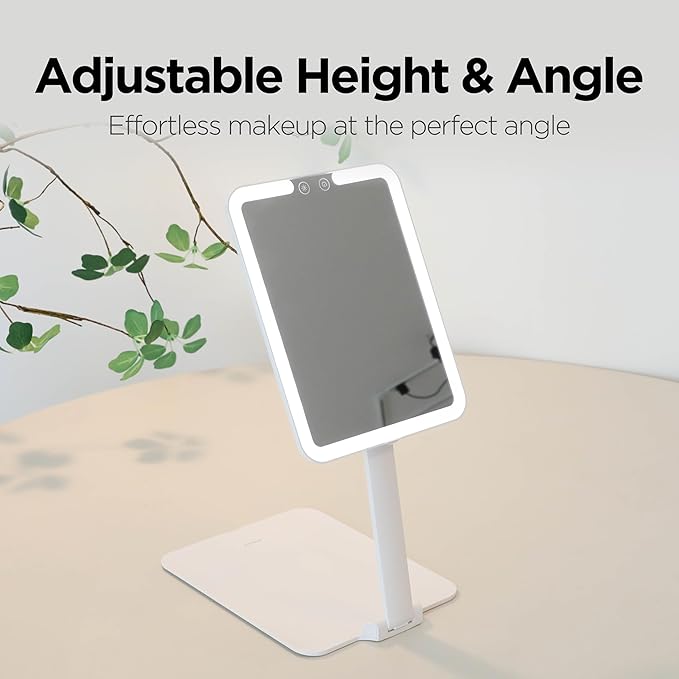 mooas Travel Makeup Mirror, Portable LED Lighted Vanity Mirror, 6.1×7.83 in Slim Foldable Mirror with Touch Control, 3-Color Dimmable Lighting, Rechargeable USB-C, Pouch Included, White (Square)