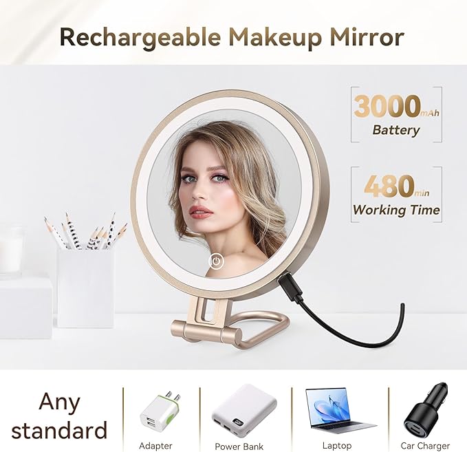 Travel Makeup Mirror with Lights,3000mAh Rechargeable 1X/20X Magnifying Mirror with Light, 7" Portable Lighted Beauty Mirror, Make Up Mirrors with 3 Light Colors, Dimmable Tabletop Handhold Hanging(N)