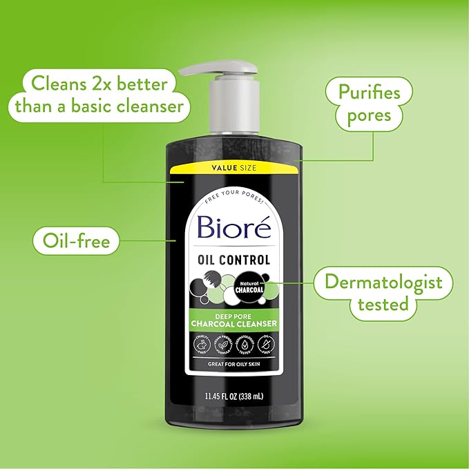 Bioré Deep Pore Charcoal Face Wash, Daily Facial Cleanser for Dirt & Makeup Removal, for Oily Skin, Value Size, 11.45 fl oz