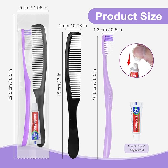 Purple Disposable Toothbrushes with Toothpaste and Comb - Pack of 30,Individually Wrapped Single Use Travel Toothbrushes Kit Bulk for Homeless,Guests,Hotel