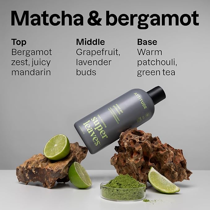 ATTITUDE Shower Gel Body Wash for Men, 98% Natural Origin Ingredients, Paraben & Phthalate Free, EWG Verified, Cleanses Without Drying, Matcha & Bergamot, 14 Fl Oz (Pack of 3)