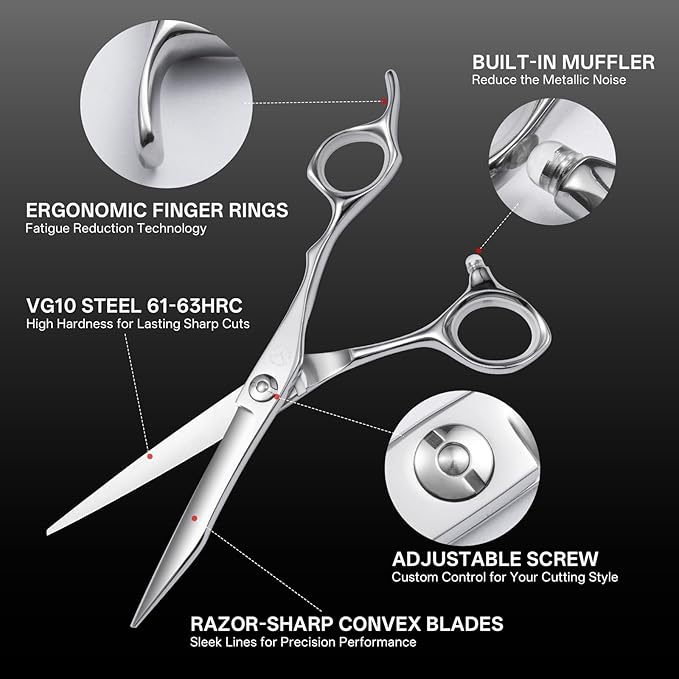 6 Inch Professional Hair Cutting Scissors, VG10 Japanese Steel Barber Shears with Convex Edge, Lightweight Ergonomic Design for Salon, Barber & Home Use