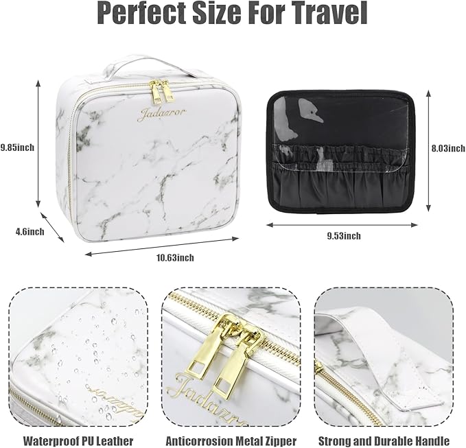 Jadazror Makeup Bag with Mirror and Light, Makeup Case with Lighted Mirror, Travel Makeup Bag with Light up Mirror 3 Color Lights, Makeup Organizer Bag with Adjustable Dividers & Brush Holder(Marble)