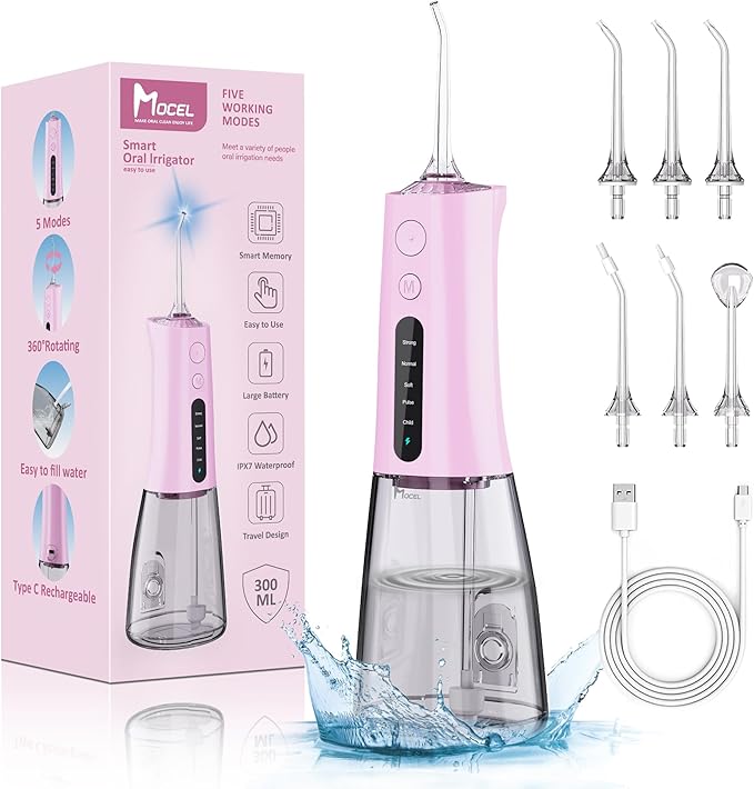 MOCEL Water Dental Flosser OLED Display Cordless Teeth Cleaning MOCEL 5 Modes Oral Irrigator 300ML Portable and USB C Rechargeable IPX7 Waterproof Floss Teeth Pick (Pink)