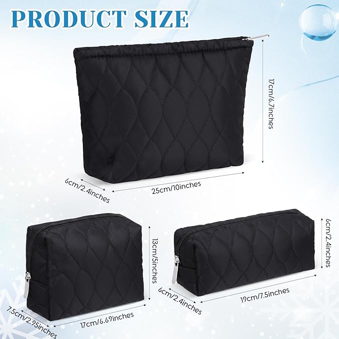 Huhumy 3 Pcs Puffy Makeup Bag Quilted Cosmetic Pouch for Women Cute Waterdrop Travel Toiletry Bag Puffer Makeup Organizer Purse Pouch Preppy Pencil Case with Zipper(Black)