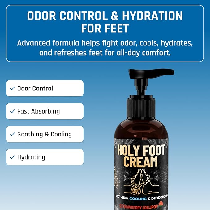 Derm Dude Holy Foot Cream | Daily Moisturizing Foot Cream with DeoPlex for Freshness & Arrowroot for Lightweight Hydration | Strawberry Lollipop Scent 4oz