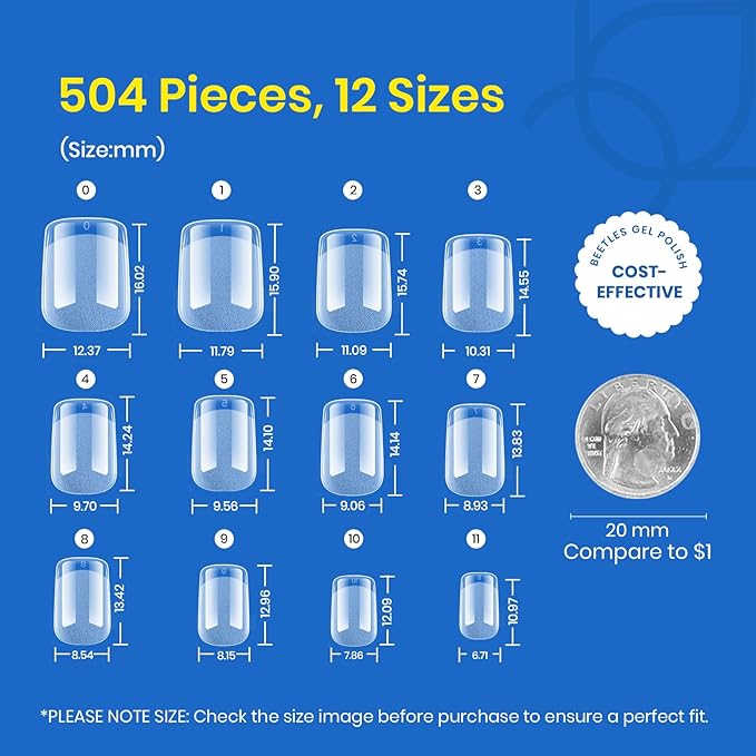 Beetles 504Pcs XS Short Square Nail Tips,12 Sizes Fake Nail Pre Shaped Half Matte Etch X Nail Tips Full Cover False Clear Acrylic Press on Nails for Gel Polish Nail Art Design,Nail Glues Needed