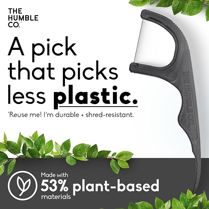 The Humble Co Dental Floss Picks for Teeth, 200 Count (Charcoal) - Single Thread Tooth Picks Flossers for Adults Gum Health - Plant-Based Toothpick Floss for Interdental Oral Care & Hygiene