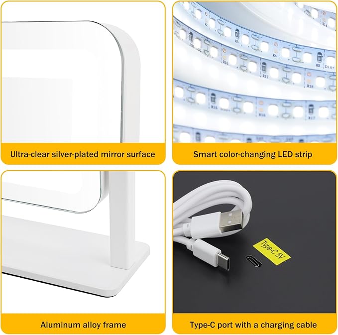Vanity Mirror with Lights, 12.2"×15" Large LED Makeup Mirror with Light, HD Mirror, Smart Touch with 3-Color Lighting, Dimmable, 360° Rotation, Lighted Up for Vanity Desk Tabletop, Bedroom (White)