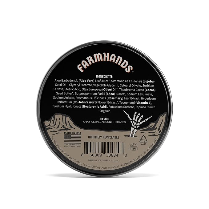 Farmhands Natural & Non-Greasy Hand Cream for Dry, Cracked Hands - No Added Fragrance, Fast-Absorbing with Clean & Organic Ingredients, Non-GMO - Repairing Skincare - Whipped - 2oz Tin
