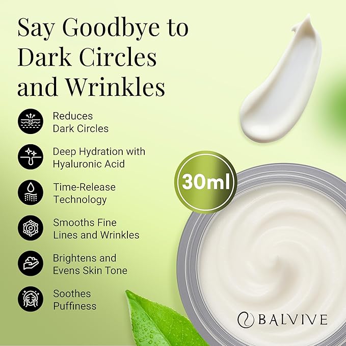 BALVIVE Caffeine Under Eye Cream for Dark Circles, Puffiness, Wrinkles, Bags Under Eye & Fine Lines with Retinol & Multi-Peptides - Brightening, Hydrating & Revitalizing for Women & Men, 30ml
