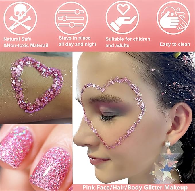 Go Ho Pink Face Body Glitter Gel,Singer Concerts Pink Face Paint Makeup Holographic Chunky Sequins Glitters for Hair/Nails/Lip,Music Disco Outfit for Women,Festival Accessories,52g