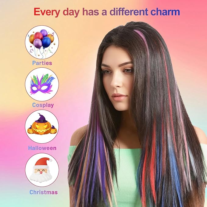 25 PCS Colored Hair Extensions, Colorful Party Highlights Multicolors Clip in Hair Extensions, Rainbow Synthetic Hairpieces for Girls Women Kids Cosplay Party Gift(22 In)
