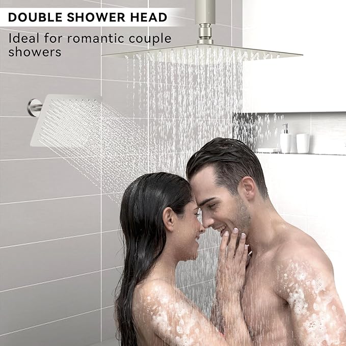 Rain Shower System Brushed Nickel, STARBATH 12+6" Double Rain Shower Head and Handheld Spray for Two Person, Ceiling Mount 3 Way Shower Faucet Set with 5 Diverter Valve and Trim Kit Complete