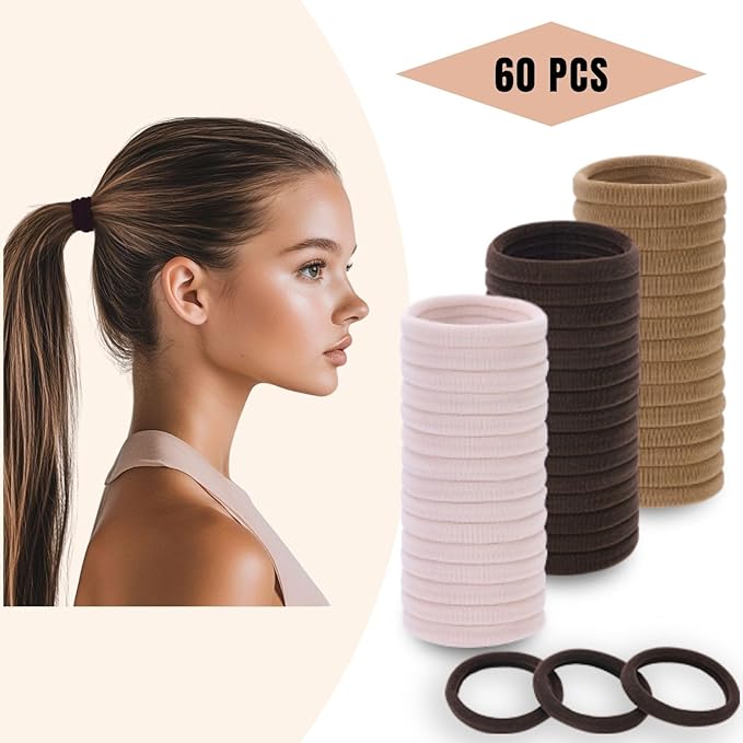 60 Pcs 2 Inch Neutral No Damage Hair Ties for Women Thick Hair, Large Soft Seamless Nylon Fabric Elastic Hair Ties Ponytail Hair Holders Hair Elastics Hair Band for Women