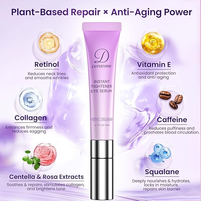 Doracome Caffeine & Retinol Under Eye Serum – Dermatologist-Tested, Fast Absorbing, Correction for Puffy Eye Bags Fine Lines Dark Circles Wrinkles While Providing Moisturizing Care