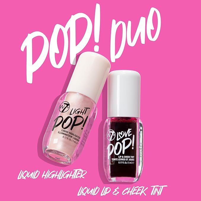 W7 Pop Duo Makeup Set - Love Pop Lip & Cheek Tint + Light Pop Liquid Highlighter - Buildable Colour, Juicy Tint & Glow