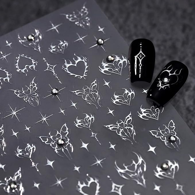 Silver Star Nail Art Stickers 5d Embossed Nail Decals for Nail Art Designs Butterfly Heart Star Nail Stickers Self Adhesive Rhinestone Nails Supplies for Women Girls DIY Manicure Accessrioss