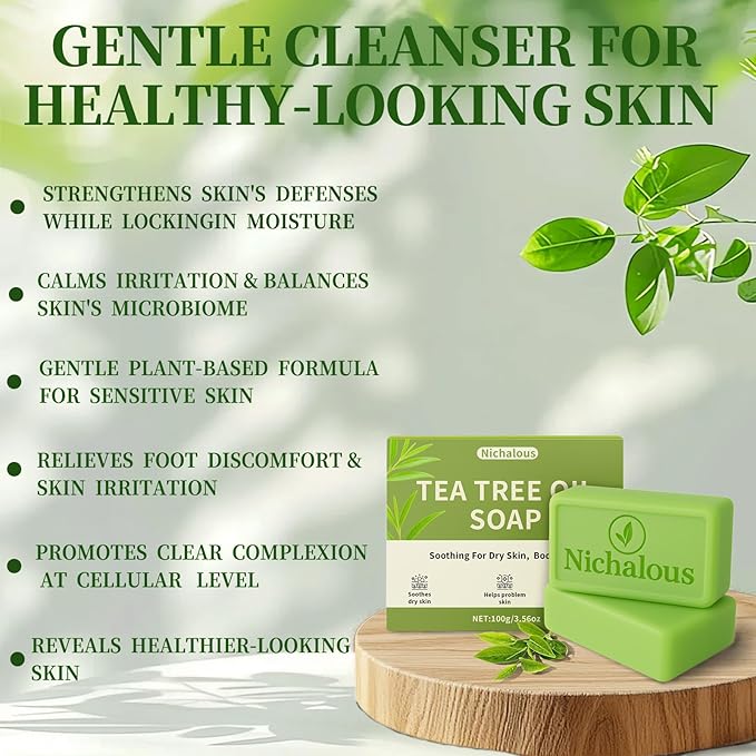 3PCS Tea Tree Soap, Purifying Body Soap Bar with Tea Tree Oil & Coconut Oil, Gentle Cleanser for Healthy, Looking Skin, Plant-Based Formula for Face & Body