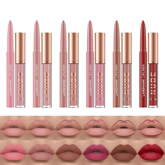 Jolilab 12Pcs Matte Lip Liner + Liquid Lipstick Set, One Step Velvety Nude Lip Stain Waterproof Long Wear High Pigment Lip Makeup Gift Set(Set B