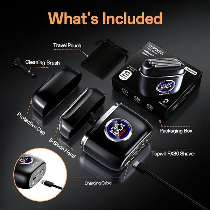 Electric Razor for Travel Men – 5 Blade Portable Foil Shaver with High-Speed Motor for Beard & Mustache Close Shave, Waterproof Wet/Dry Use, Mini Cordless USB-C Rechargeable, Black