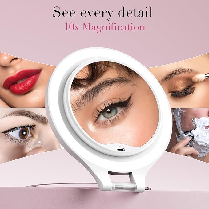 Magnifying Mirror with Light 10X/1X, Double Sided travel mirror with light, Rechargeable makeup mirror with 3 color setting Adjustable stand Lighted mirror Vanity Portable Desk Cosmetic Mirror