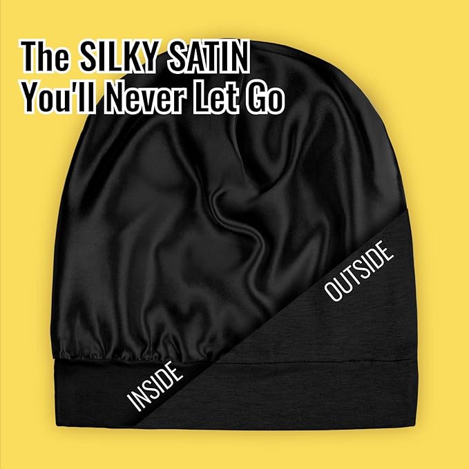 PARISBELLA Satin Lined Sleep Cap Bonnet for Curly Hair and Braids, Stay On All Night Wrap with Adjustable Strap for Women and Men, Black, Pack of 1
