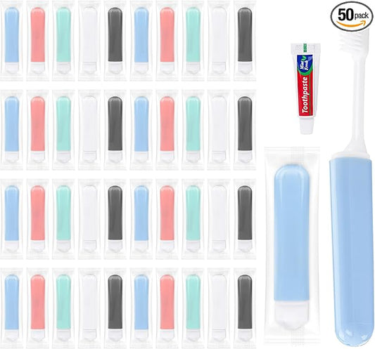 Travel Toothbrush and Toothpaste, Foldable Toothbrush and Toothpaste, Individually Packaged, Foldable for Storage, 5 Colors Available, Ideal for Travel, Business Trips, and Hotels (50-Pack)