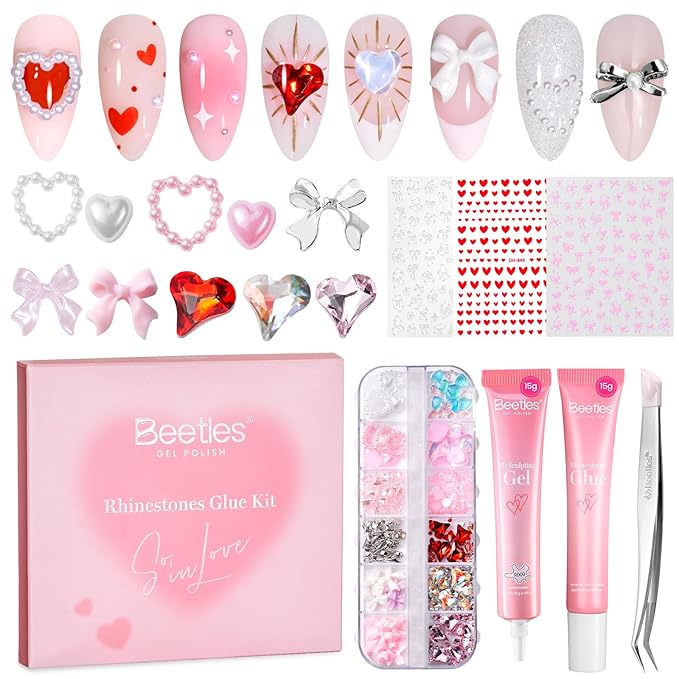 Beetles Valentine’s Day Gift Rhinestones Glue Kit - 3D Gel Nail Art & Sculpting Gel Glue and with Heart Charm Diamond Jewelry, Nail Decorations for DIY Gel Nail Polish