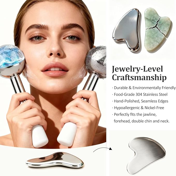 Ice Roller for Face &Gua Sha Facial Tools, Stainless Steel Ice Roller for Depuffing, Lymphatic Drainage, Fine Lines&Collagen Boost on Face&Body, Valentines Day Gifts for Her/Him, at Home Spa