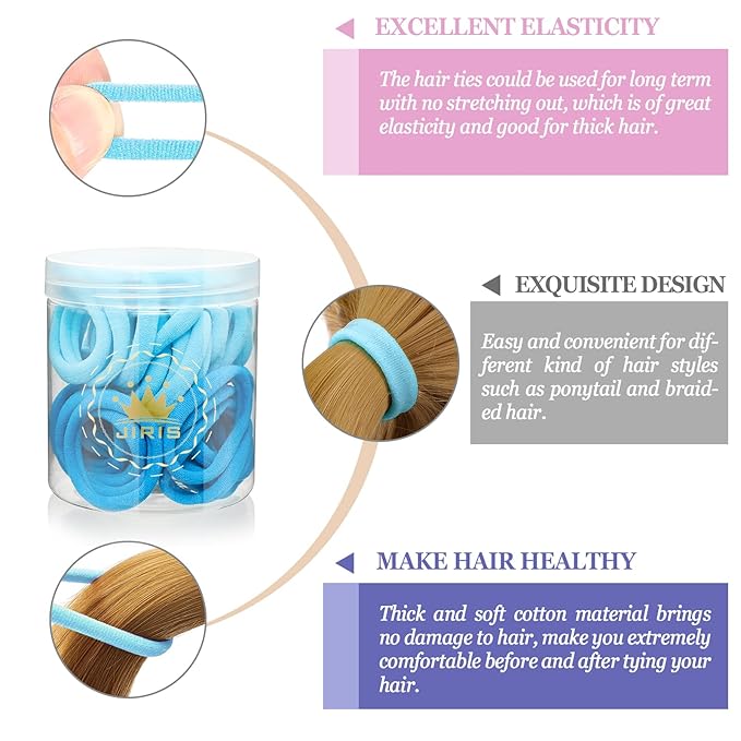 50Pcs Hair Ties for Women Girls,Cotton Seamless Hair Ties, Soft Ponytail Holders,No Crease No Damage Elastics Hair Bands with Box for Thick Heavy and Curly Hair (Blue)