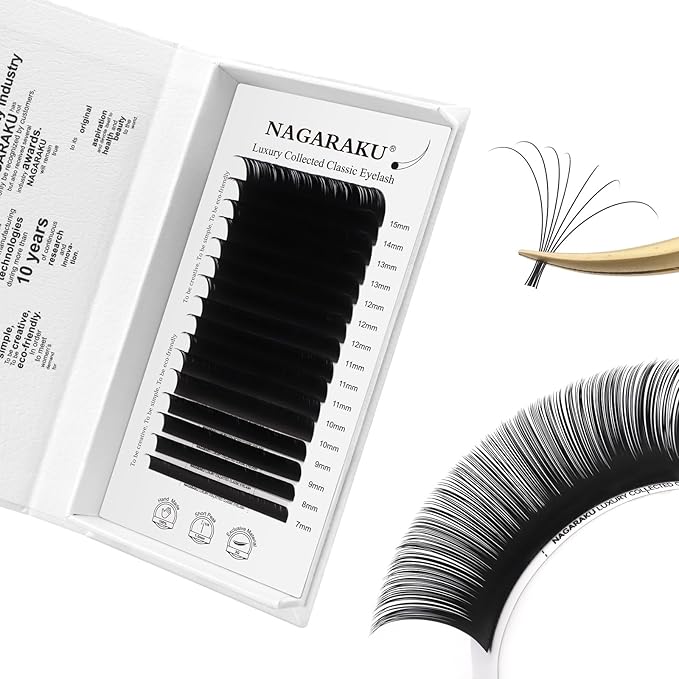 NAGARAKU Individual Eyelash Extensions, Luxury Collected Classic Single Lashes Upgraded 3rd Generation Soft Natural Beauty Salon Professional Lash Supplies 16 Rows Matte Black -0.05 C Curl 7-15mm Mix