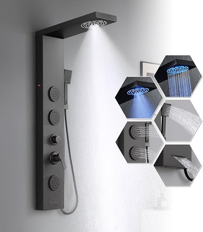 KINKIB Matte Black Shower Panel for Bathroom - 5 In 1 Full Body Shower Tower With Led, Rainfall Shower Head With Powerful Body Jets, Handheld Shower And Tub Spout