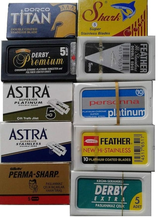 100 Shaving Safety Razor Double Edge Blades of 10 Top Brands - Feather ASTRA PERSONNA.Sampler Pack