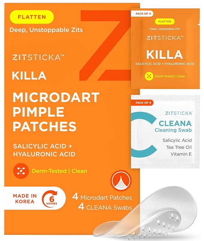 ZitSticka Killa Acne Patches for Face - World's Most Potent Pimple Patch with Fast-Acting Microdarts - Starts Working within 2 Hours for Deep, Early-Stage Zits and Blemish - 4 Count