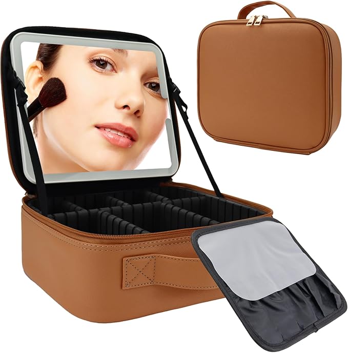 SLUMAZI Travel Makeup Bag with LED Mirror Travel Makeup Organizer with 3 Lighted Settings, Adjustable Dividers and Makeup Brush Storage Bag Caramel