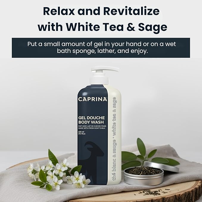 Caprina Fresh Goat’s Milk Body Wash, WHITE TEA & SAGE Formula, 625 ml, Moisturizing Cleanser for Normal Skin, Gentle Daily Hydration