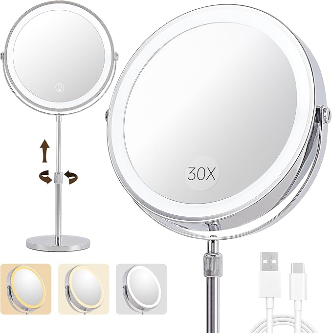 1X/30X Magnifying Makeup Mirror with Lights - 9" Large Dual-Sided Vanity Mirror with 3 Color Lights for Women's Travel Cosmetic Mirror | 3000 mAh-USB Rechargeable | 360° Rotation | Adjustable Height