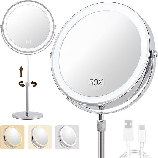 1X/30X Magnifying Makeup Mirror with Lights - 9" Large Dual-Sided Vanity Mirror with 3 Color Lights for Women's Travel Cosmetic Mirror | 3000 mAh-USB Rechargeable | 360° Rotation | Adjustable Height