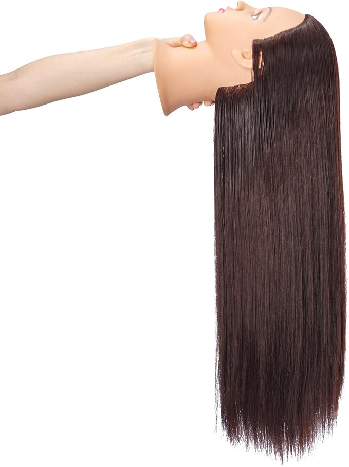 Hairingrid 26"-28" Mannequin Head Hair Styling Training Head Manikin Cosmetology Doll Head Synthetic Fiber Hair and Free Clamp Holder Stand (Dark brown)