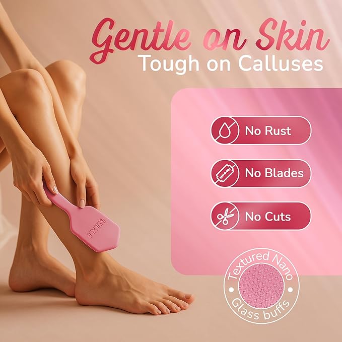 Nano Glass Foot File - Silicone Foot Callus Remover for Feet and Cracked Heels - Heel Scraper for Dead Skin - Ergonomic Foot Scrubber & Exfoliator for Shower with Non-Slip Grip - Pink